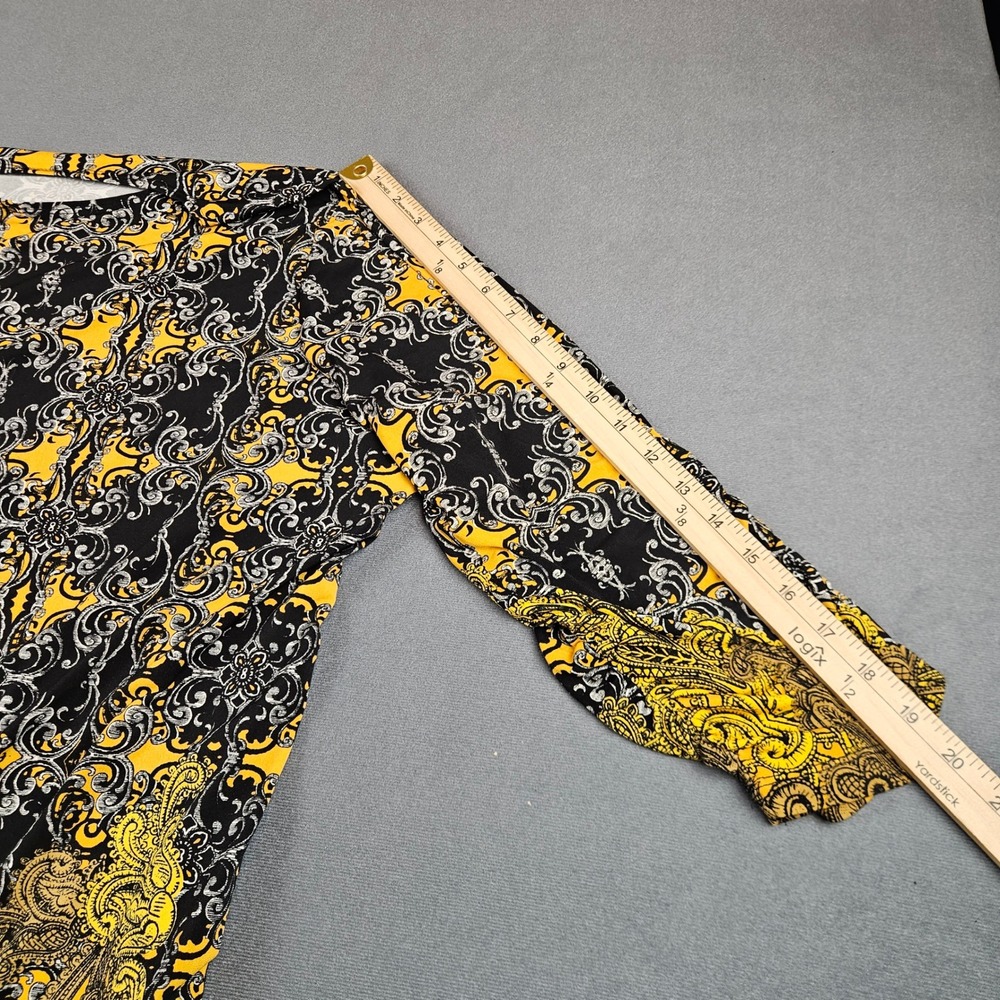 Susan Graver Liquid Knit Tunic Top 2X Black Yellow Paisley Damask 3/4 Sleeve - Picture 5 of 7